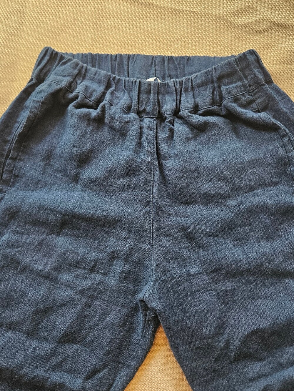 LINENFOX Pants S Mara Linen Trouser Tapered High Rise Elastic Waist Ankle Blue